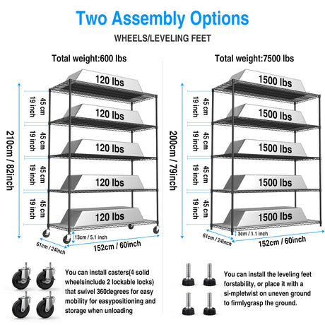 5 Tier 7500lbs Capacity NSF Metal Shelf Wire Shelving Unit, Heavy Duty Adjustable Storage Rack with Wheels & Shelf Liners for Commercial Grade Utility Steel Storage Rack, Black - 82"H x 60"L x 24"D pouseayar