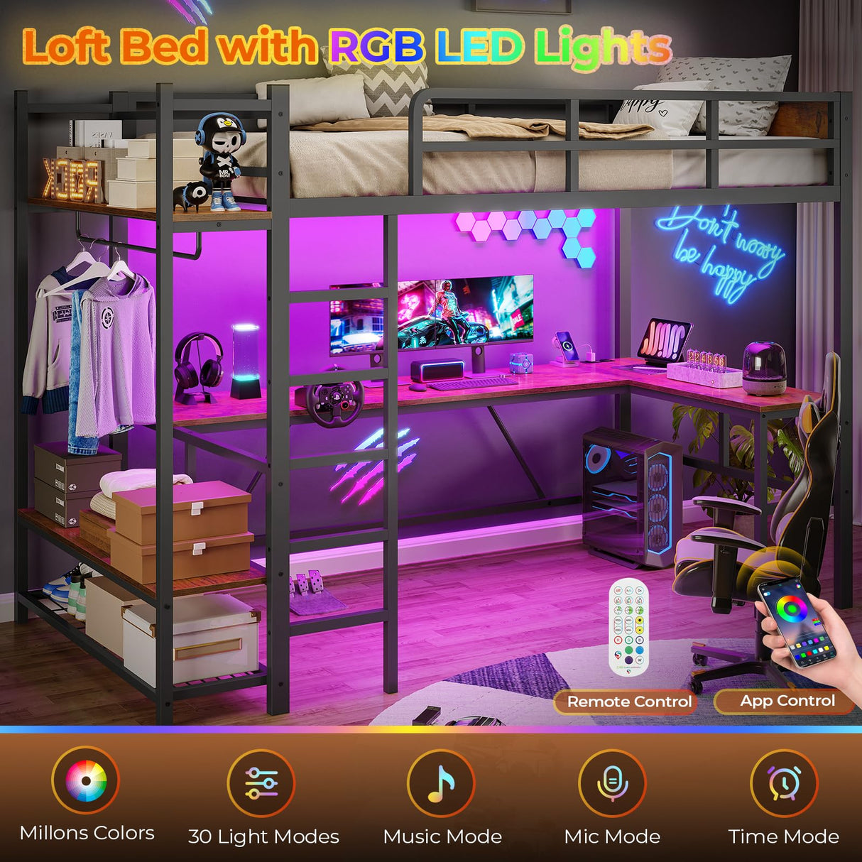 Itaar Twin Loft Bed with L-Shaped Desk, LED Lights and Charging Sation, Loft Bed Twin Size with 3-Tier Storage Shelves and Clothes Rail, Safety Guard & Ladder, No Box Spring Needed, Rustic Brown Itaar