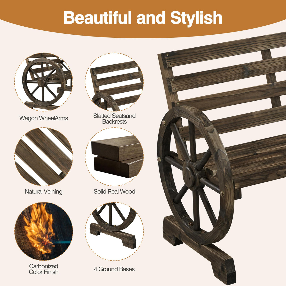 Yaheetech 41in Antique Chariot Wheel Outdoor Bench for 2 - Dark Brown Wooden Garden Furniture Yaheetech