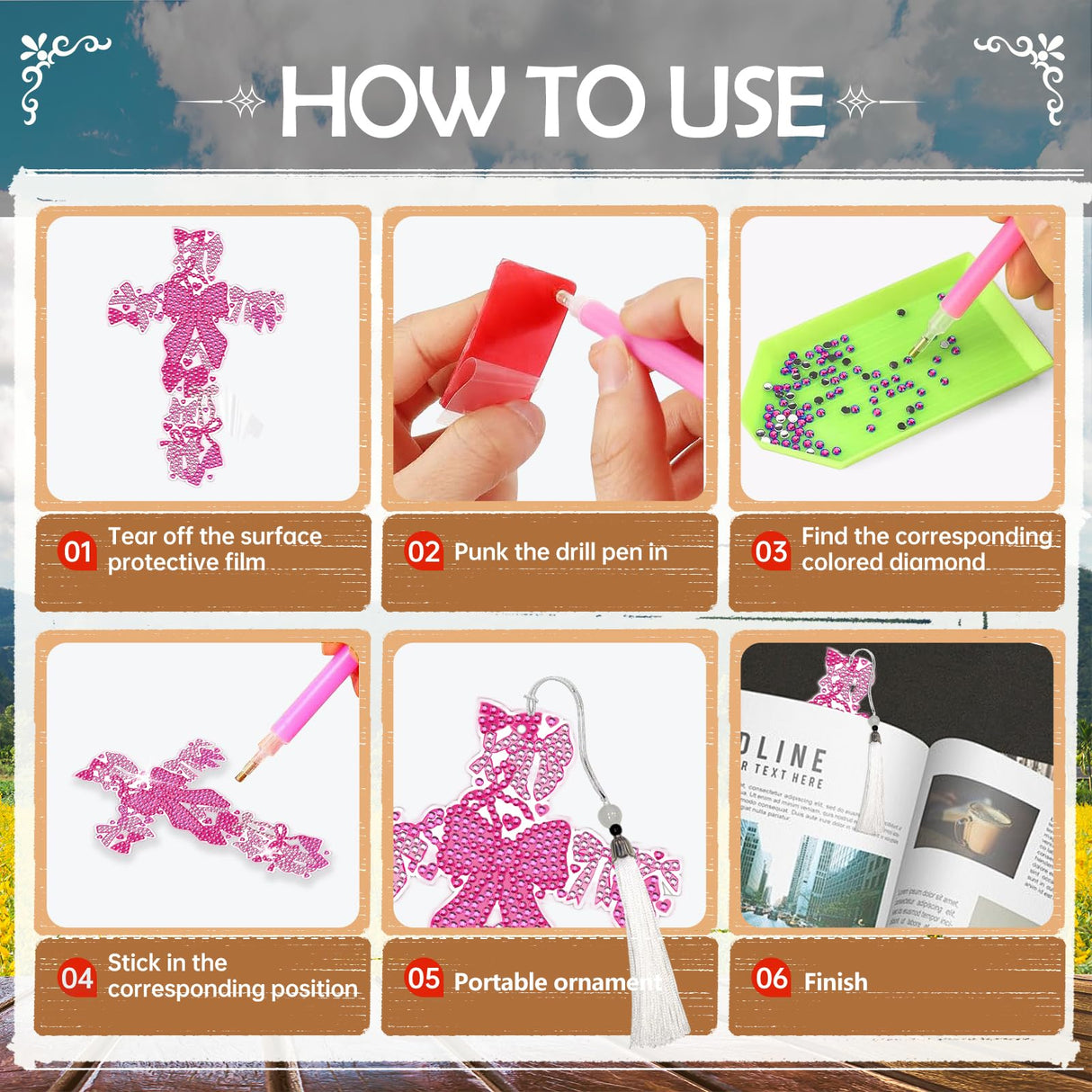 Cross Diamond Art Painting Bookmarks - 6 PCS Colorful Bow Design Bookmarks Kit with Tassel DIY Coquettte Gem Art Craft Christmas New Year Religions Birthday Gift for Reading Lovers INCOK