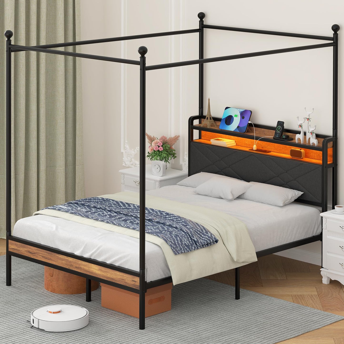 Winkalon Metal Canopy Bed Frame, Full Size Bed Frame with 4 Removable Sturdy Posts Hanging Curtains, Iron Bed Platform with Charging Station LGB Light, No Box Spring Needed Strong Slat Support