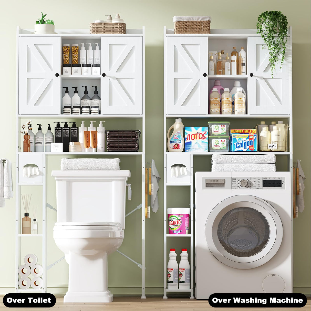 EasyCom Over The Toilet Storage Cabinet with Metal Frame and 7 Storage Shelves, Bathroom Organizer with Adjustable Shelves, Paper Holder and Racks, Farmhouse Storage Cabinet for Laundry, White EasyCom