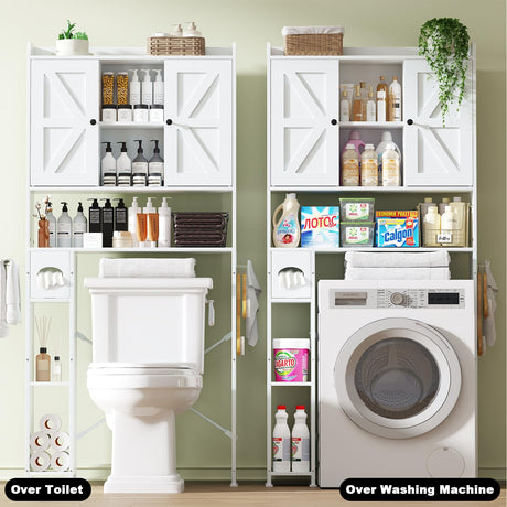 EasyCom Over The Toilet Storage Cabinet with Metal Frame and 7 Storage Shelves, Bathroom Organizer with Adjustable Shelves, Paper Holder and Racks, Farmhouse Storage Cabinet for Laundry, White EasyCom