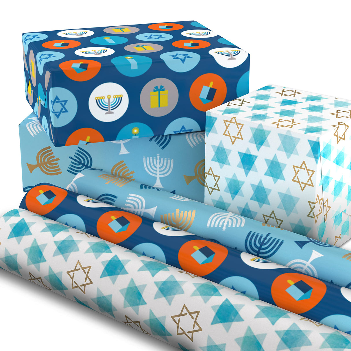Hallmark Tree of Life Hanukkah Wrapping Paper with Cutlines on Reverse (3 Rolls: 120 Sq. Ft. Total) Blue and Gold Star of David, Menorahs, Candles, Dreidels Hallmark