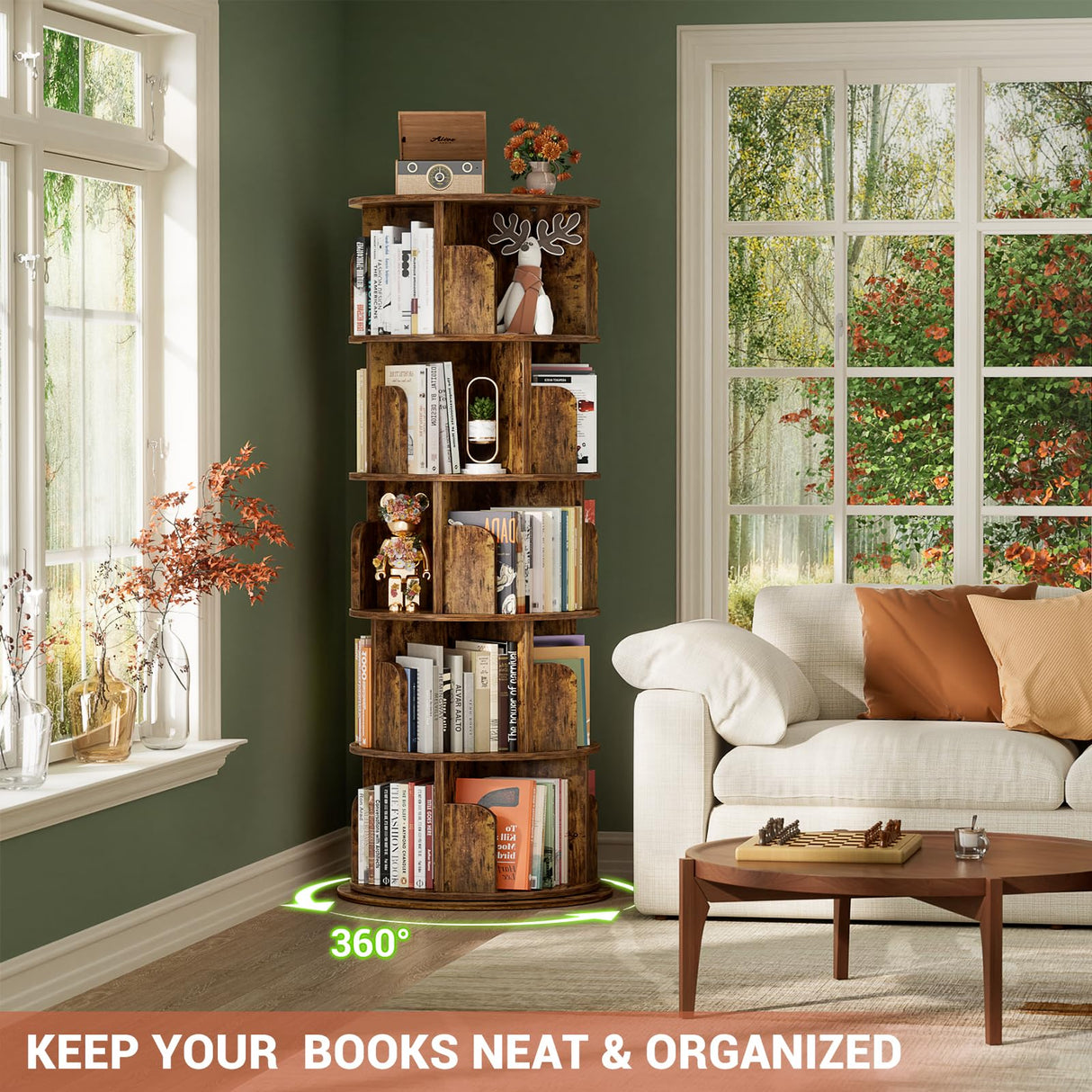 Besiost Rotating Bookshelf Tower, 5 Tier Spinning Bookcase, Revolving 360 Book Shelf Narrow Tall Bookcase, Vertical Turning Round Bookshelf Organizer, Corner Book Shelf for Small Space, Rustic Brown Besiost