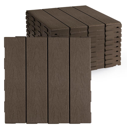 Famobay Plastic Interlocking Deck Tiles,Wood-Like Grain,Waterproof Outdoor Flooring All Weather Use, Patio Floor Decking Tiles for Porch Poolside Balcony Backyard(12"*12", Dark Coffee, 9)