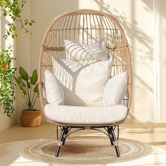 FINCATI Outdoor Indoor Egg Chair, 440lb PE Rattan Wicker Oversized Lounger Egg Basket Chair with Cushion, Patio Stationary Egg Chair for Bedroom Backyard Living Room Beige