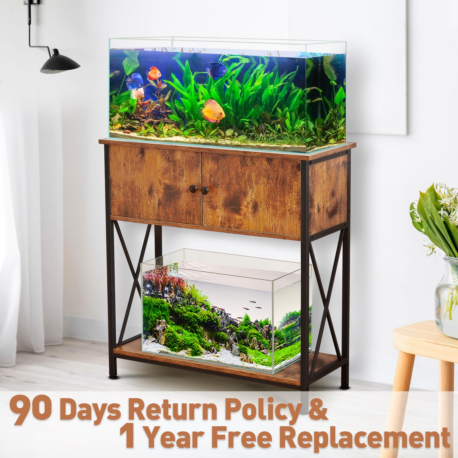 LAQUAL 20-29 Gallon Aquarium Stand with Cabinet, 20 Gallon Long Fish Tank Stand with 31''L * 12''W Tabletop, Double Heavy Metal Stand with Stable Structure, Adjustable Table Feet - Rustic Bro - WoodArtSupply