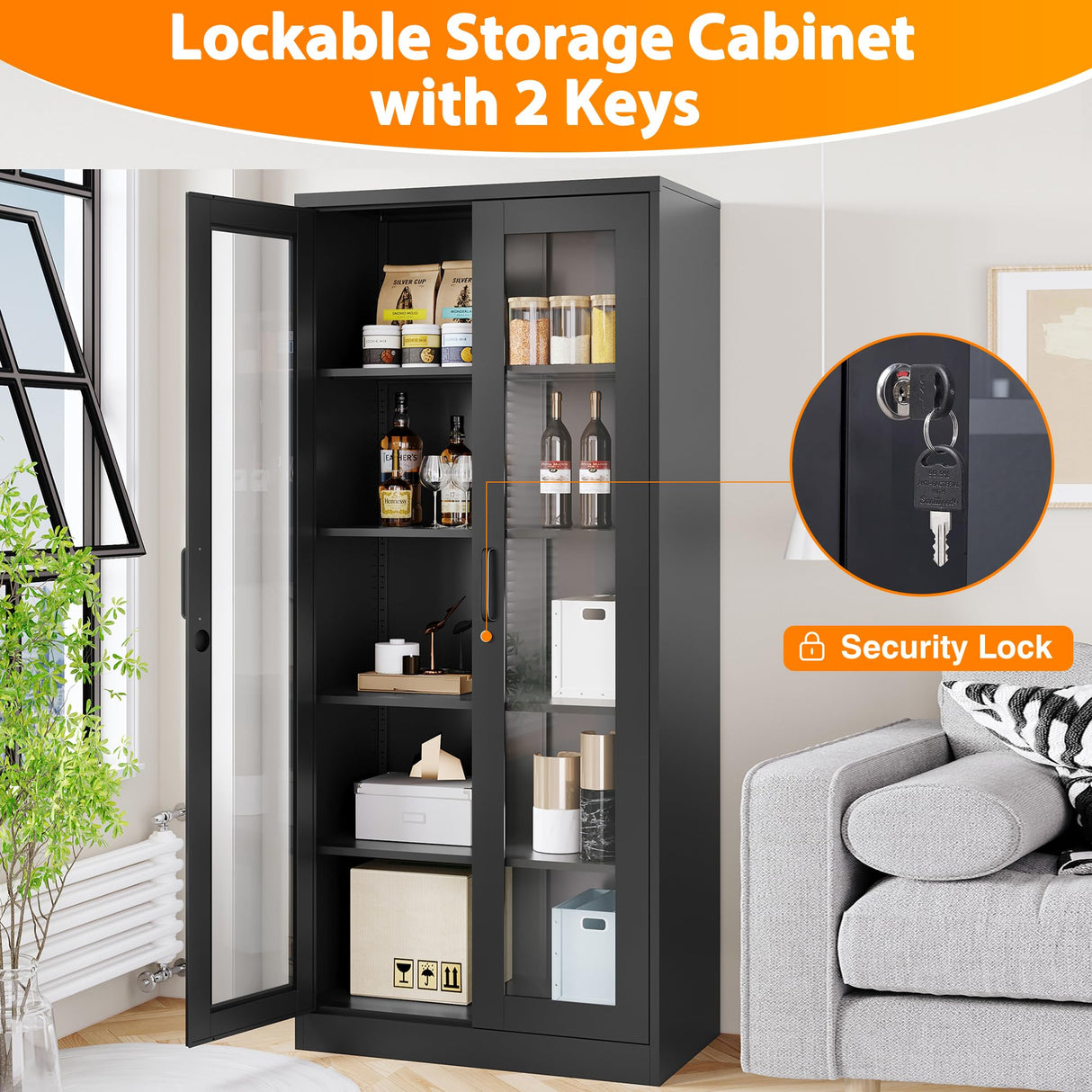 LISSIMO Glass Display Cabinet with 4 Adjustable Shelves, 71" Tall Curio Cabine with Tempered Glass Door, Liquor Cabinet with Lock, 5-Tier Bookcase Storage Cabinet for Home, Study, Living Room (Black) LISSIMO