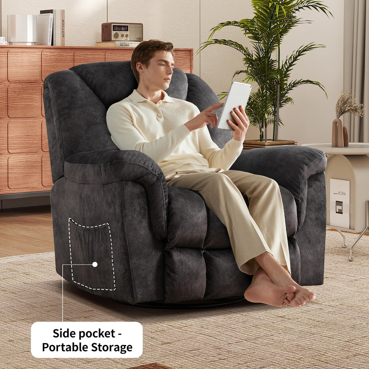 CANMOV Swivel Rocker Recliner, Manual Nursing Recliner with Hidden Switch, Upholstered Plush Seating 360°Swivel Glider Rocking Chair, Comfy Swivel Chair for Living Room, Black CANMOV