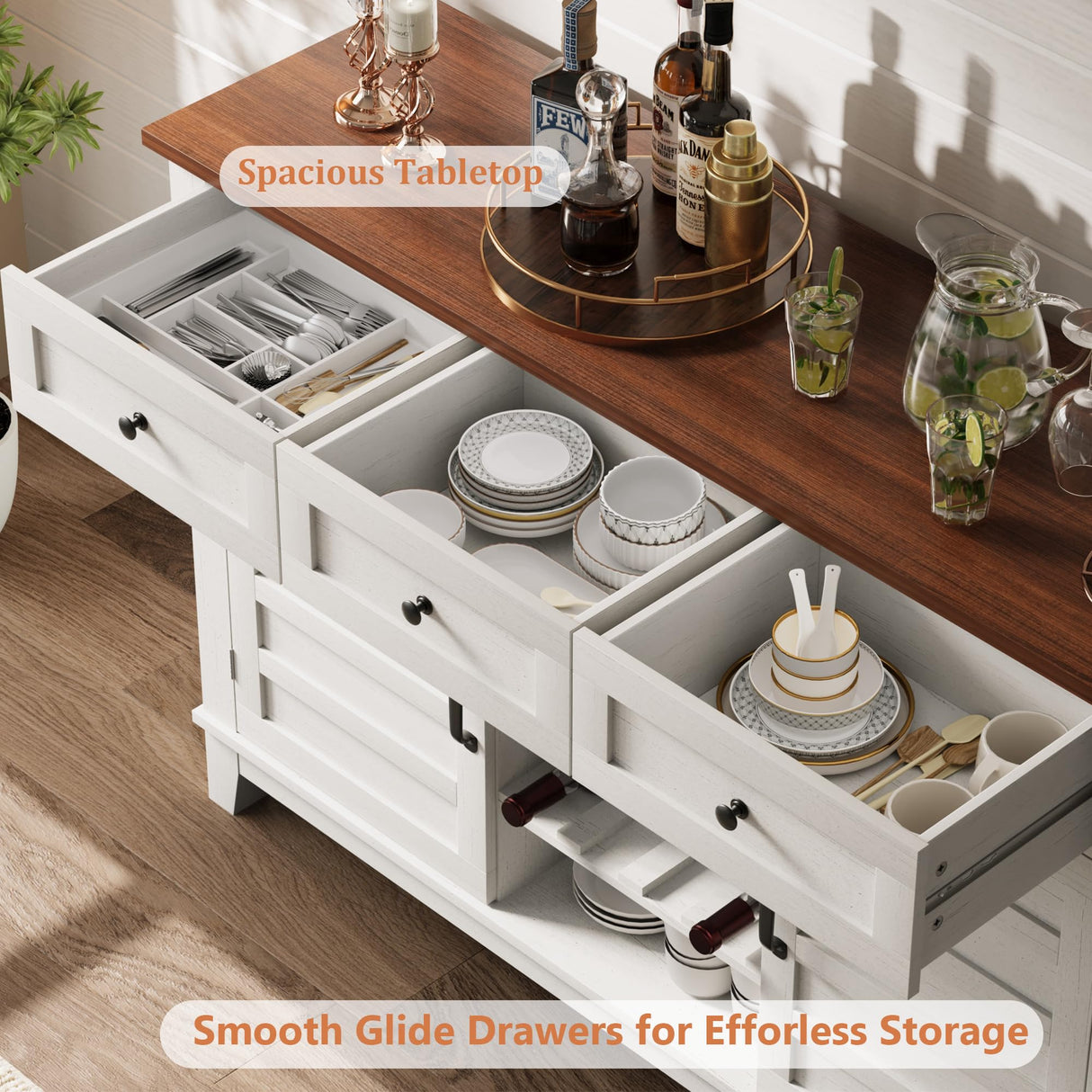 SLEKVERSA Farmhouse 53.5'' Wine Bar Cabinet with Sliding Barn Door, Buffet Cabinet with 3 Drawer, Adjustable Shelf and Removable Wine Rack for Dining Room, Kitchen, Living Room (White) SLEKVERSA