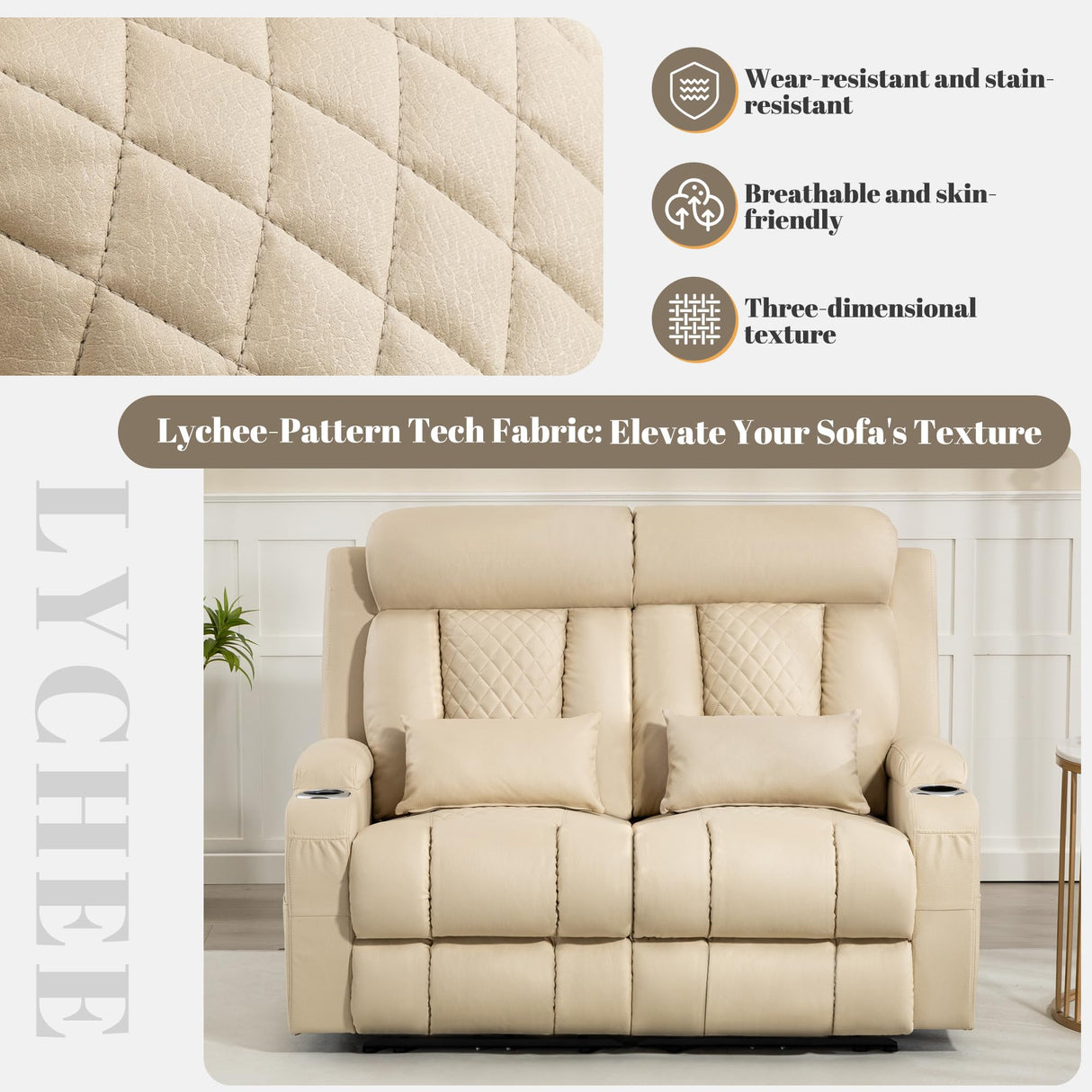 Neptane Zero Wall Hugger Power Reclining Loveseat with Adjustable Headrest, Power Loveseat Recliner Sofa with USB&Type-C Ports, Wall Hugger Loveseat Recliner for Living Room(Beige, 2 Seater) Neptane