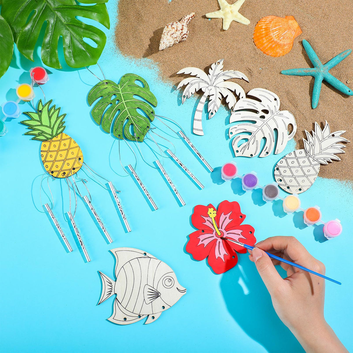 Silipull 24 Sets Summer Wind Chimes Craft for Kids Make Your Own Hawaiian Wind Chimes DIY Tropical Wooden Hanging Ornament for Kids Summer Hawaiian Party Outdoor Decoration Silipull