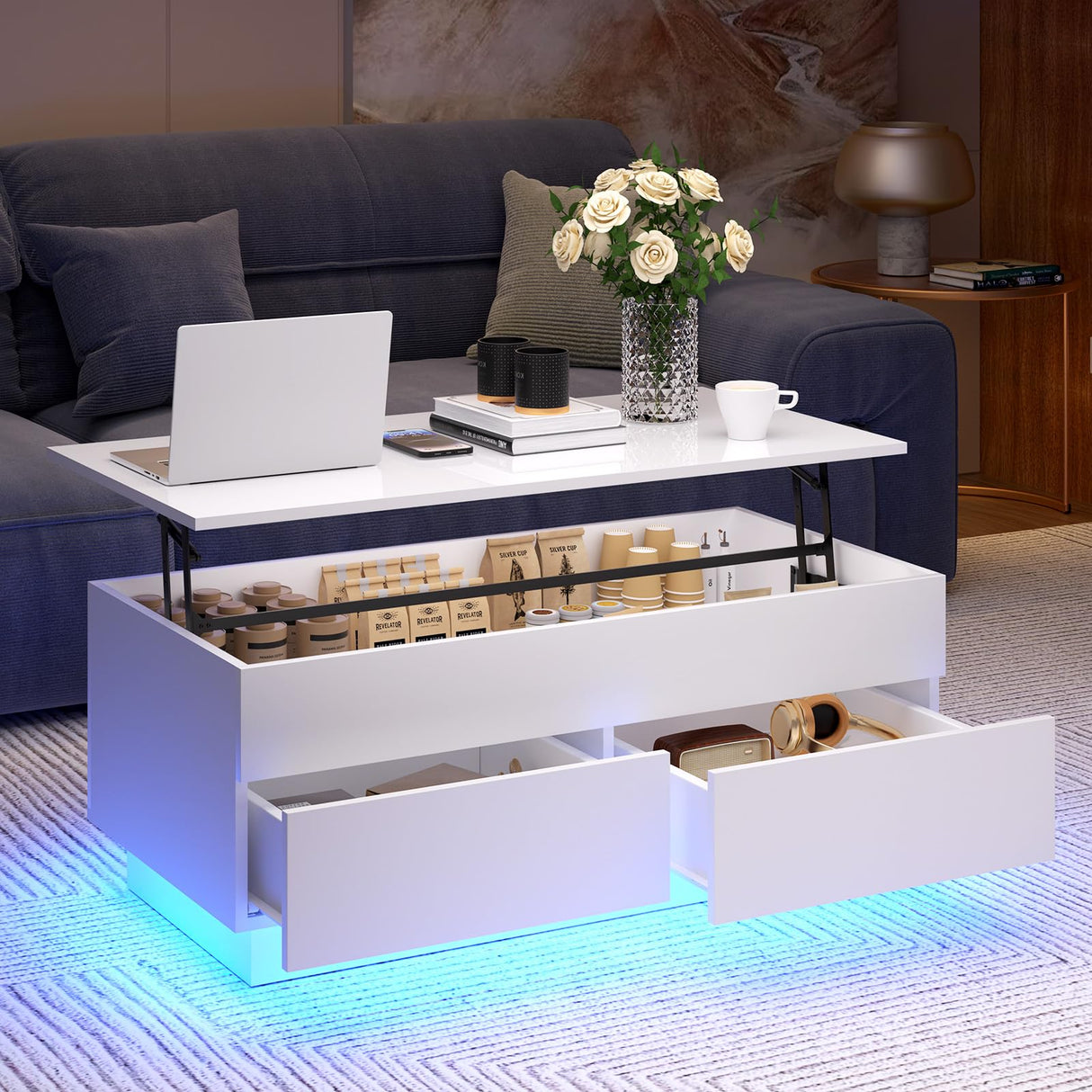 HOMMPA 40'' Lift Top Coffee Table for Living Room, White Coffee Tables with Storage, LED Modern Coffee Table Rectangular White Gloss, Flip Top Center Table with 2 Drawers and Hidden Compartment HOMMPA