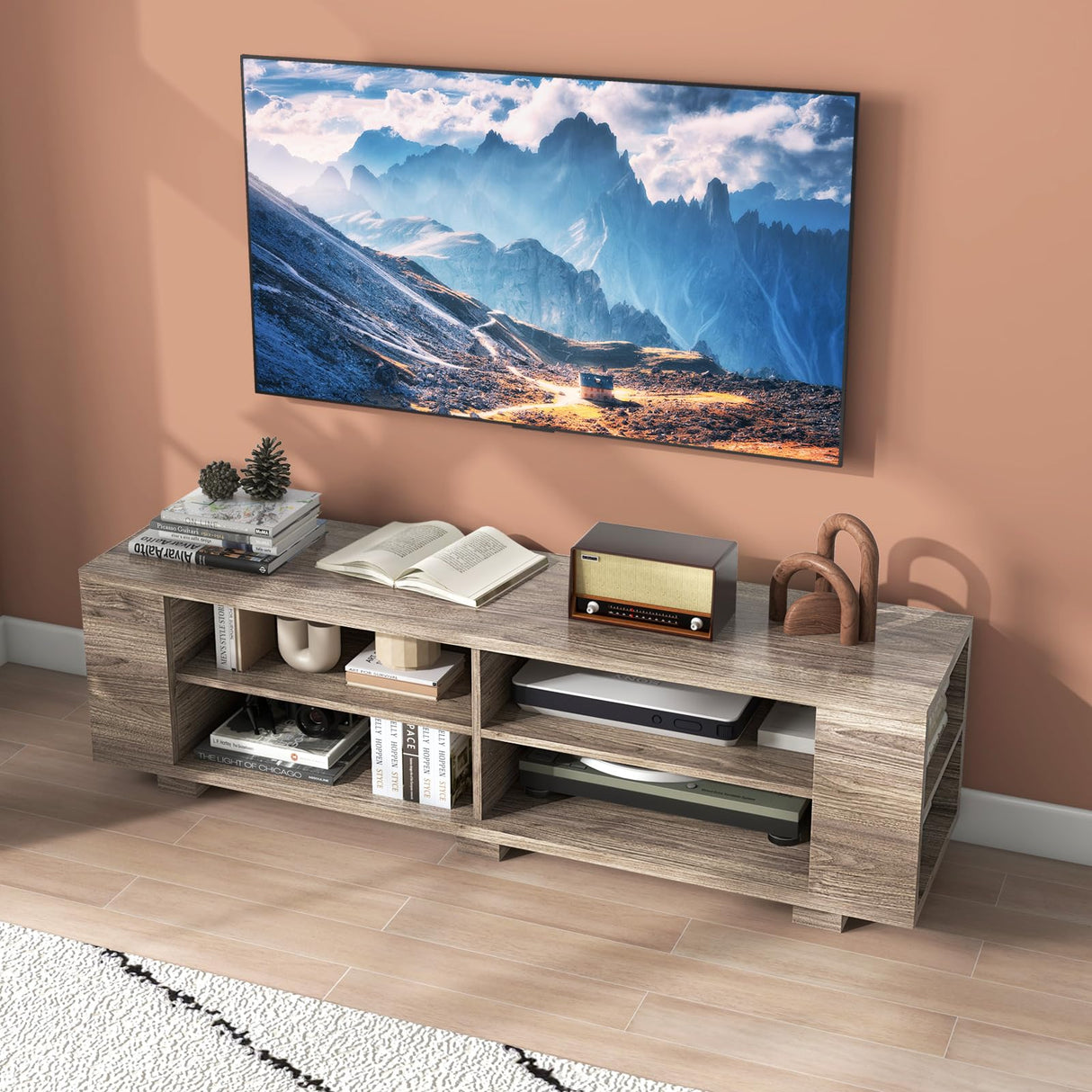 Tangkula Wood TV Stand for TVs up to 65 Inch Flat Screen, Modern Entertainment Center with 8 Open Shelves, Universal TV Storage Cabinet for Living Room Bedroom, TV Console Table (Warm-Grey) Tangkula