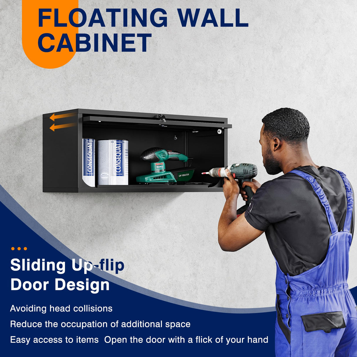 Yizosh Metal Garage Cabinet with Doors, Wall Mounted Storage Cabinet, Floating Tool Cabinet for Basement, Kitchen, Warehouse (Black, 13.7" H) Yizosh