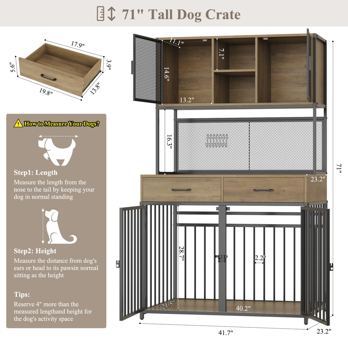 HITHOS 71" Tall Dog Crate Furniture, Indoor Dog Kennel with Hutch, 42" W Dog Cage for Large/Medium Dogs, Wood Dog Crates with 2 Storage Drawers, Heavy Duty Pet House, Rustic Brown HITHOS