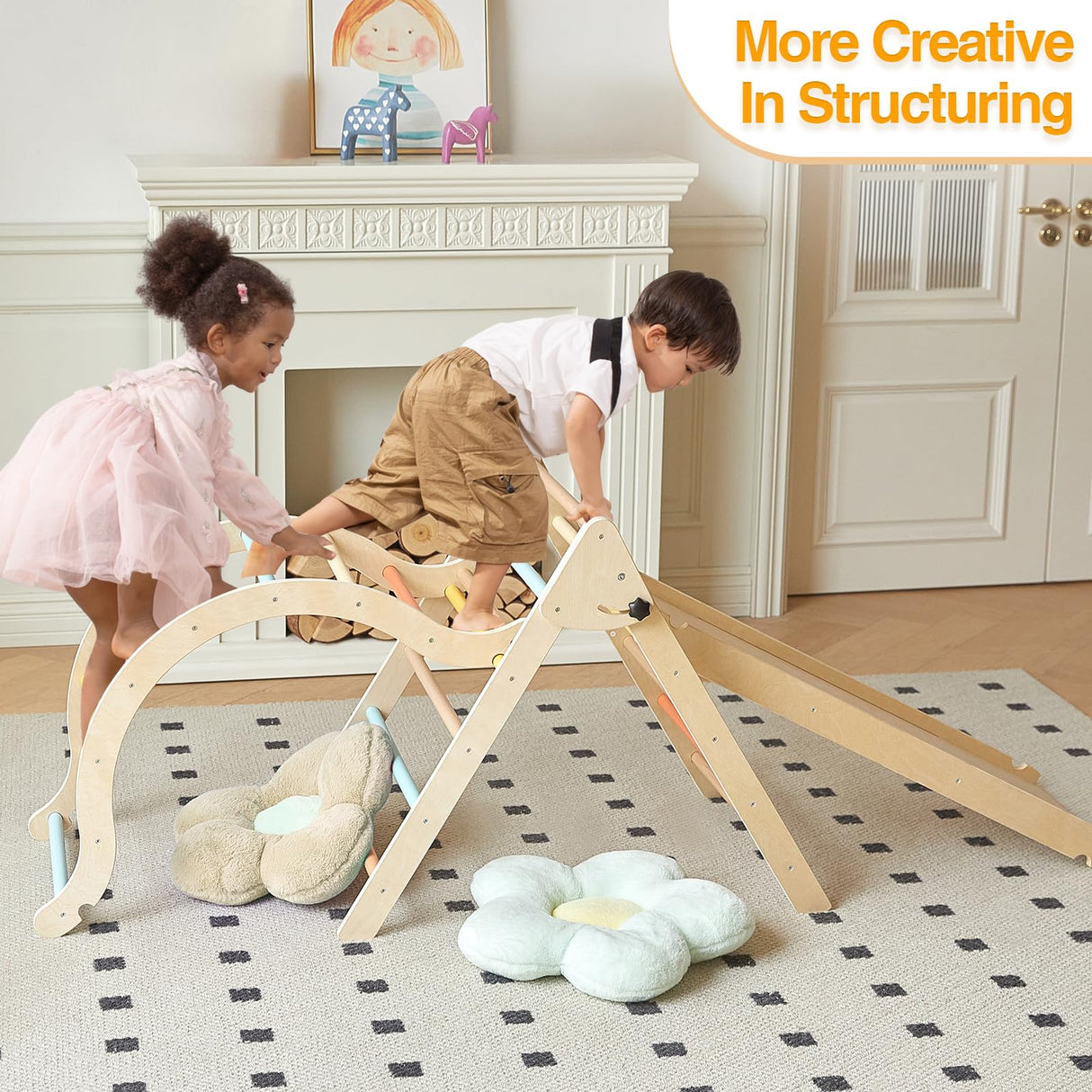 Giant bean Pastel 7 in 1 Pikler Climbing Set with Sliding Ramp & Climbing Arch Ramp, Foldable Wooden Toddler Climbing Toys Indoor,Playground Jungle Gym for Kids Age 2-5, Montessori Climbing Set Giant bean