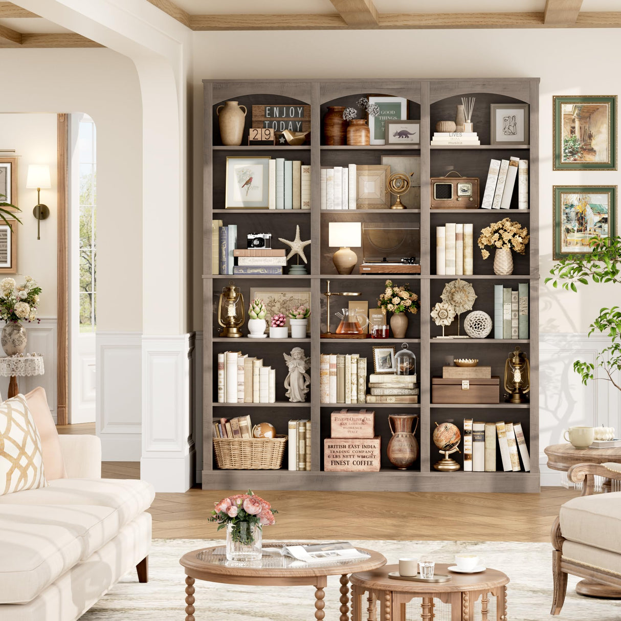 FACBOTALL 71" Triple Wide Bookshelf, 6 Tier Tall Bookshelf, Large Bookcase with Curved Baffle, 63.4" Wide Book Shelf with 18 Open Display Shelves for Living Room, Study, Gray FACBOTALL