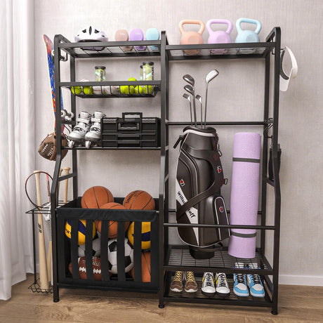 Faesun Garage Sports Equipment Organizer, Golf Bag Storage Rack, Heavy Duty Ball Holder with Basket & Hooks, Indoor/Outdoor Basketball Storage Bins for Toy Sports Gear Storage Faesun