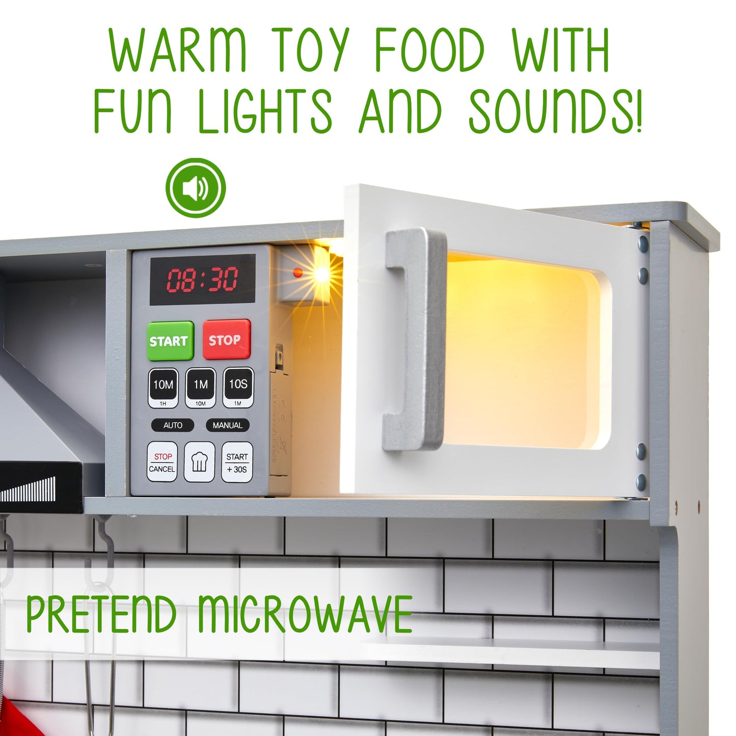 Lil' Jumbl Jumbl Kids Kitchen Set, Pretend Wooden Play Kitchen, Includes Range Hood, Microwave, Stove Top, Oven That Make Realistic Sound & Light, Pots, Pan, Cutting Board & Utensils Included - WoodArtSupply