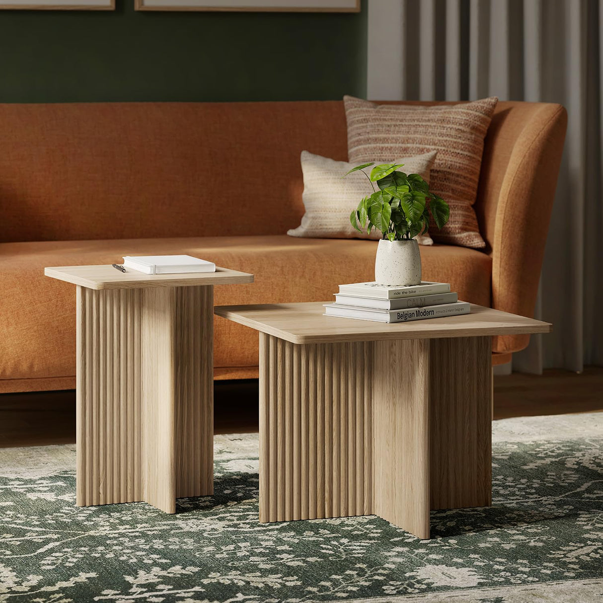 Square Fluted Nesting Coffee Table - Low Profile 2 Piece Square Coffee Table Set - Living Room Furniture - Modern Home Decor - Solid Oak Base (Natural Oak) Stead