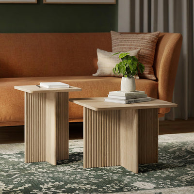 Square Fluted Nesting Coffee Table - Low Profile 2 Piece Square Coffee Table Set - Living Room Furniture - Modern Home Decor - Solid Oak Base (Natural Oak)