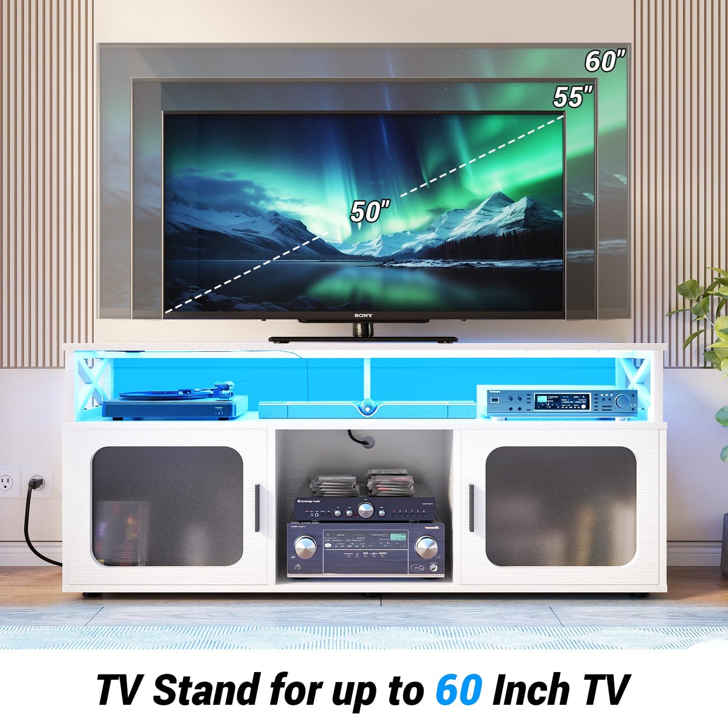 Aheaplus TV Stand for 55 60 Inch TV, Entertainment Center with LED Light & Charging Station, TV Console Table, Large Media Console Cabinet w/Soundbar Shelf, Cord Holes, for Living Room, Bedro - WoodArtSupply