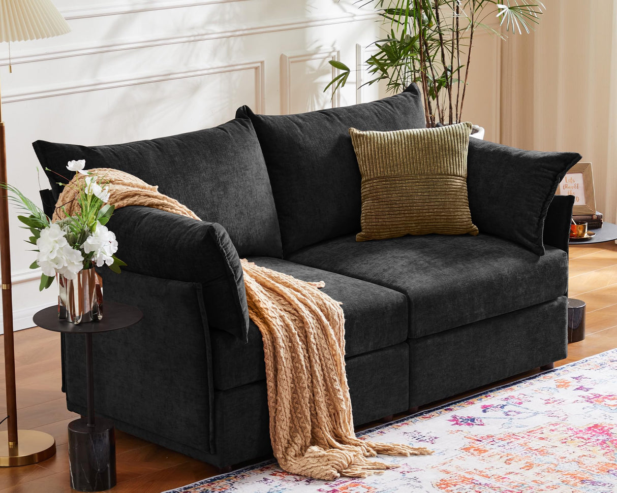 ABCASA Oversized Loveseat Sofa, Modern Modular Sectional Couch Black Fluffy Chenille Mid Century 2-Seat 24.5" Deep Seat for Apartment, Living Room, Bedroom ABCASA