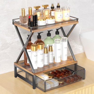 2 Tier Bathroom Counter Organizer with Drawer, Wood Vanity Bathroom Organizers and Storage for Perfume Skincare, Rustic Organizer Countertop Shelf for Bath Vanity Bedroom Kitchen Storage (Brown)