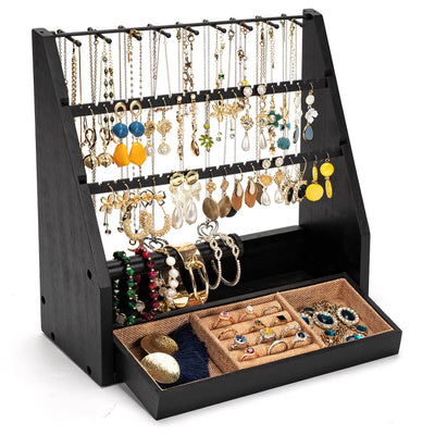 DGWJSU Earring Organizer, 5 Layer Earring Holder Organizer with Necklace Holder, Rustic Wood Jewelry Organizer Stand Display for Stud Earring Bracelet Necklace Ring, Watches