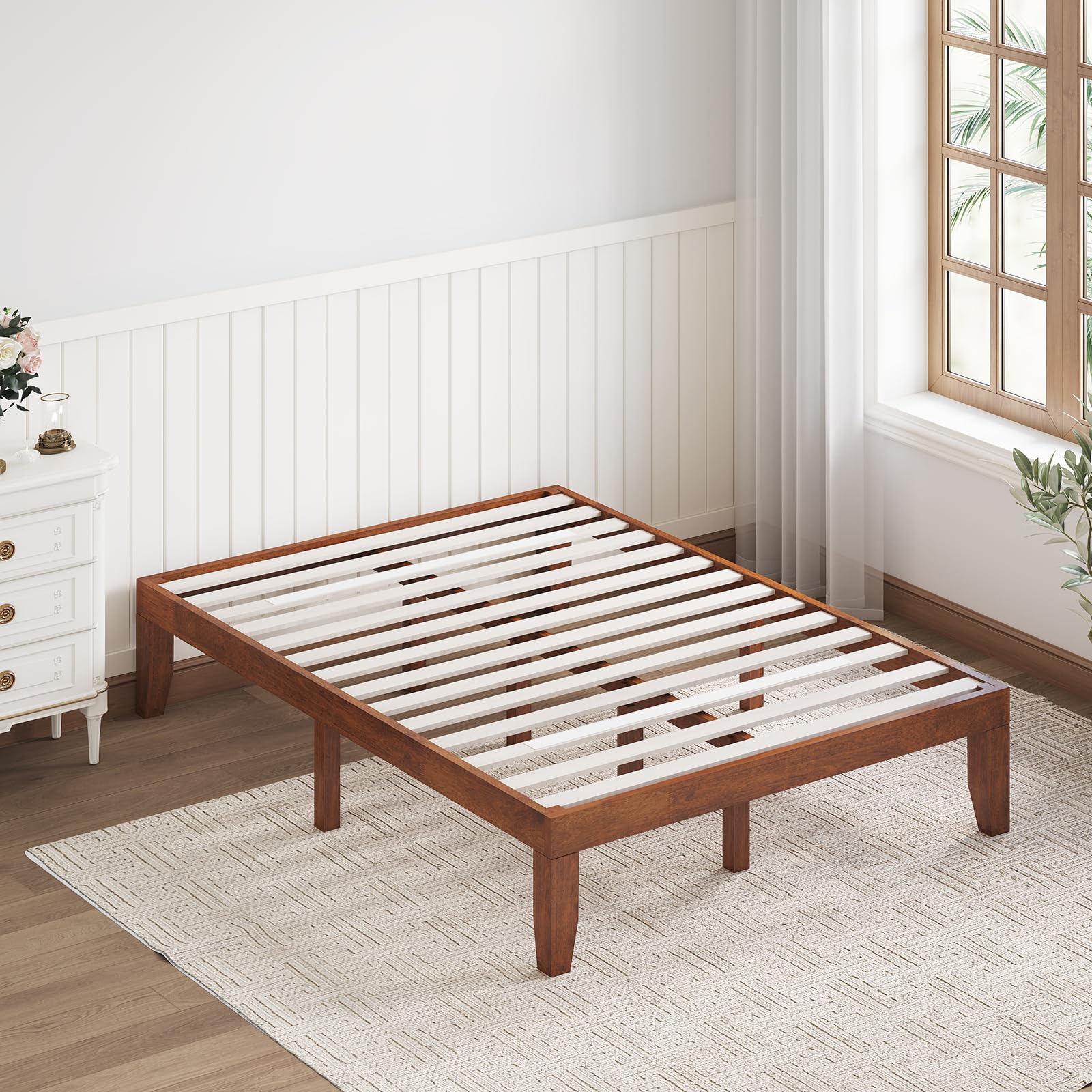 Giantex 14-Inch Walnut Solid Wood Platform Bed Frame - Minimalist Design, No Box Spring Required - WoodArtSupply