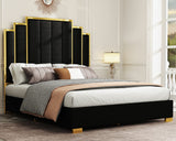 Albott Queen Size Platform Bed Frame, 61.4" Velvet Upholstered Bed with Gold Trim Headboard/Wooden Slats/No Box Spring Needed/Black Albott