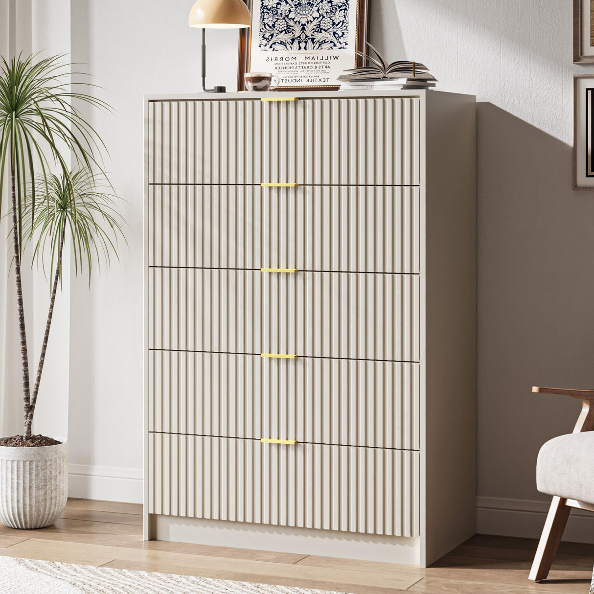 MAISONARIA 5 Drawer Dresser for Bedroom, Tall Dresser Chest of Drawers with Gold Handles, 32 Inch Wide Nightstand with for Bedroom, Living Rooms, Offices, and Entryways, Beige MAISONARIA