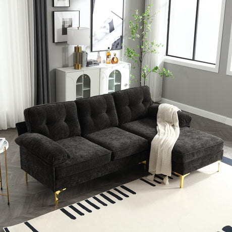 CALABASH 83" L Shaped Sectional Sofa, Chenille 3-Seater Sofa with Reversible Chaise, Modern Soft Cushion Fluffy Armrest Convertible Couch for Living Room Apartment Small Spaces (Black) CALABASH