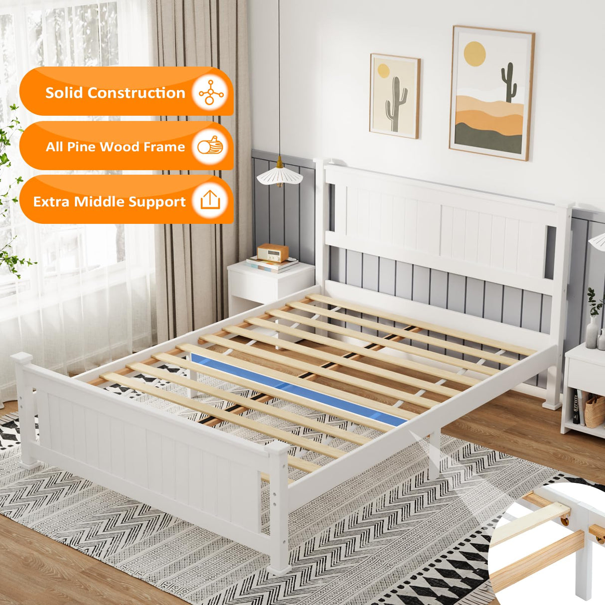 VINGLI Full Bed Frame with Headboard Wood Double Platform Panel Bed, No Box Spring Needed,White VINGLI