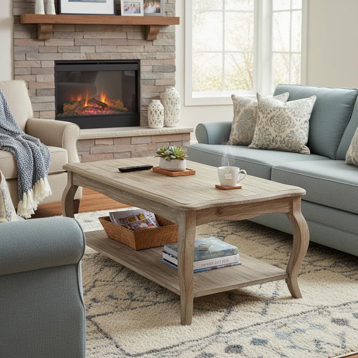 Alaterre Furniture Austerity 42-Inch Rustic Coffee Table with Open Shelf, Curved Legs, and Scalloped Edge - Easy Assembly Reclaimed Wood Living Room Table - Farmhouse Furniture (Driftwood Finish) Alaterre Furniture