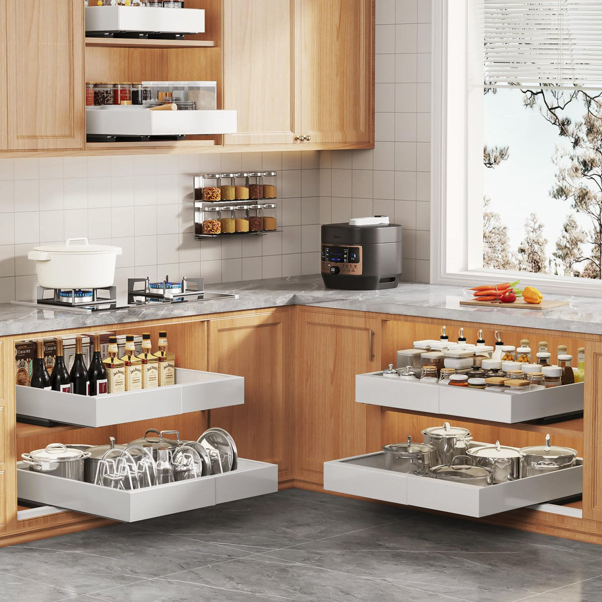 Seinloes 4Pack Expandable Pull Out Cabinet Organizer 21"Deep With Raising Pad for Framed Cabinets,Slide Out Drawers with 4pcs Divider Racks,Roll Out Shelves Adhesive,Adjustable Width 12.05"-20.4"White Seinloes