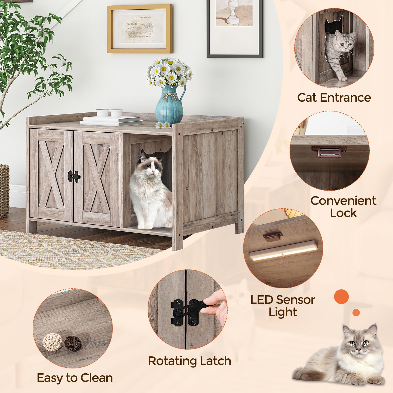 MAHANCRIS Cat Litter Box Enclosure, Hidden Litter Box Furniture with Divider, Wooden Cat Washroom Storage Cabinet Bench, Indoor Cat House as End Table, for Living Room, Bedroom, Greige CWHG25 - WoodArtSupply