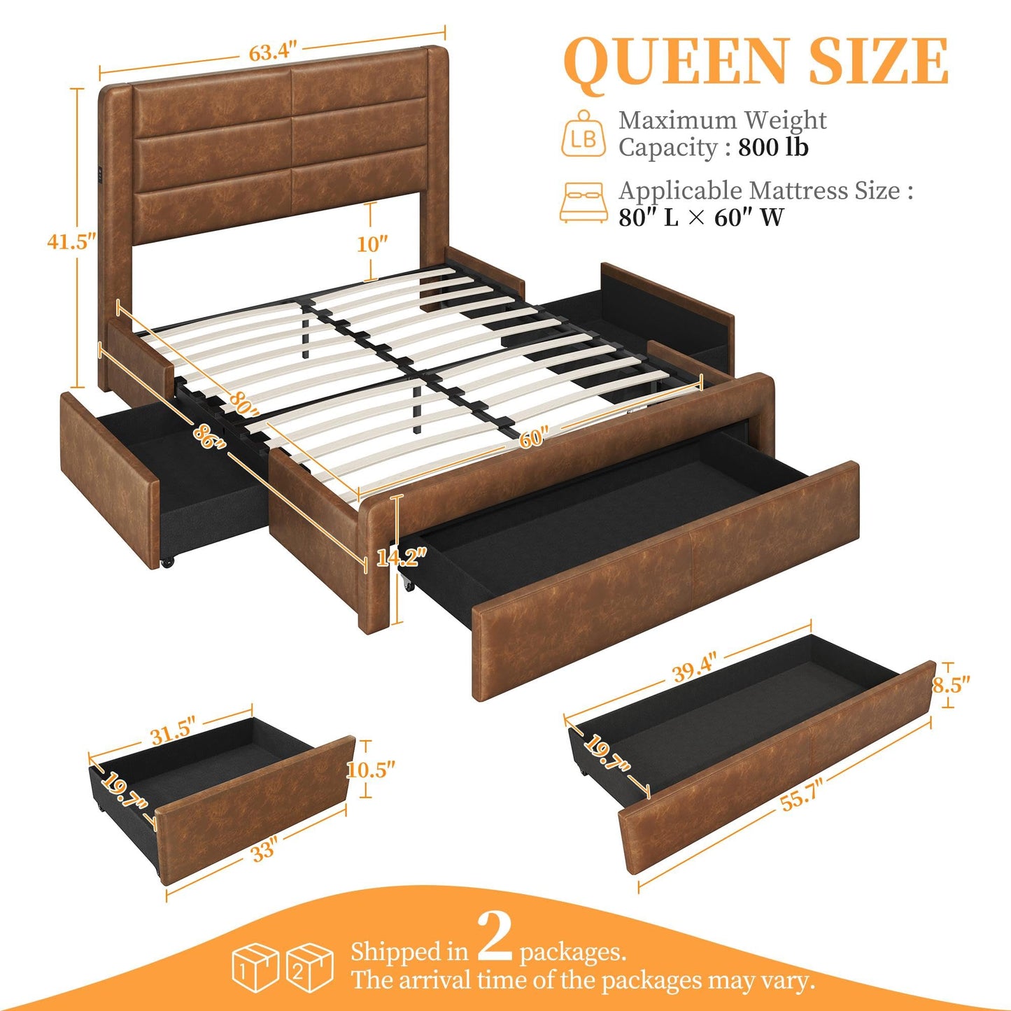 Yaheetech Queen Bed Frame with 2 USB Charging Stations/Port for Type A&Type C/3 Storage Drawers,Leather Upholstered Platform Bed with Headboard/Solid