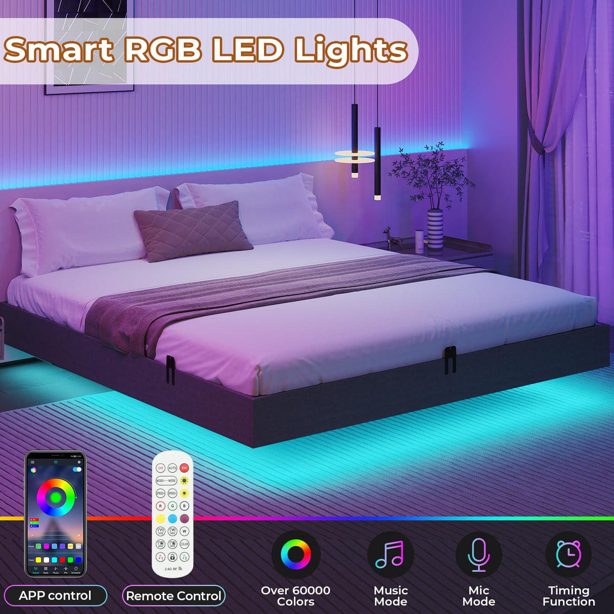 BTHFST King Size Floating Bed Frame with LED Lights – Modern Metal Platform Design BTHFST