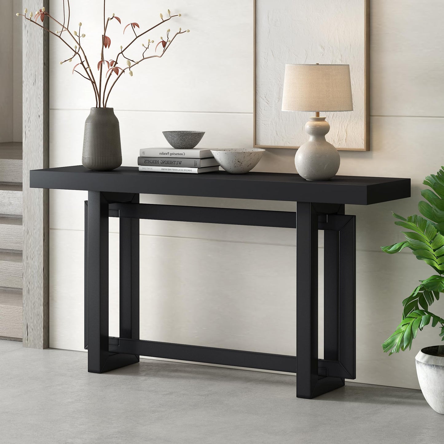 Modern Console Table Sofa Table with Industrial-inspired Concrete Top, 59'' Long Solid Wood Accent Entryway Table for Entryway Hallway Living Room Foyer Corridor (Black-AC) - WoodArtSupply