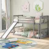 Montessori Floor Bunk Bed Twin Over Twin, Twin Bunk Bed with Slide and Ladder, Kids Bunk Beds with Guardrail Headboard and Footboard, Low Bunk Beds for Kids, Boys, Girls, Twin Bunk Bed Gray Bellemave