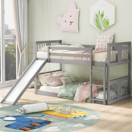 Montessori Floor Bunk Bed Twin Over Twin, Twin Bunk Bed with Slide and Ladder, Kids Bunk Beds with Guardrail Headboard and Footboard, Low Bunk Beds for Kids, Boys, Girls, Twin Bunk Bed Gray Bellemave