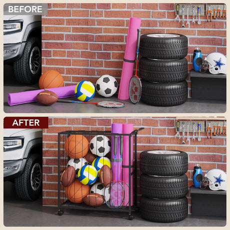 Homsorout Ball Storage Bin Rolling Sports Ball Cart, Metal Garage Organizer Sport Rack, Ball Basket Storage, Ball Cage for Garage or Gym, Indoor & Outdoor Sports Equipment Organizer Black Homsorout