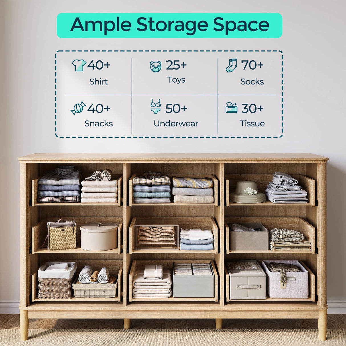 LINSY Fluted 9 Drawer Dresser for Bedroom, 58" Wide Mid-Century Modern Tall Chest of Drawers, Deep Storage Dresser with Curved Corner Design, Large Accent Wood Cabinet for Bedroom, Oak LINSY