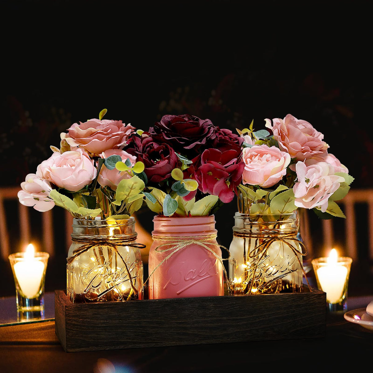 Nagobi Christmas Mason Jar Centerpiece Table Decor for Dining Room Farmhouse Coffee Table Decor with Wood Tray Fairy Lights Fake Flowers for Kitchen Living Dining Room - Burgundy Pink, 11 inches Nagobi