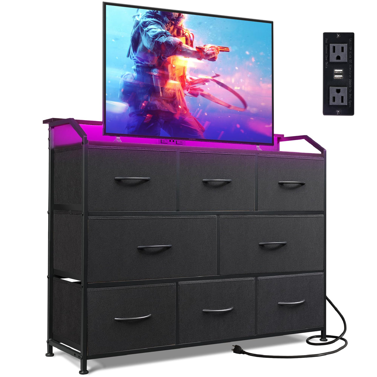 WLIVE Led Dresser for Bedroom, Black Dresser TV Stand for Bedroom with LED Lights and Power Outlet, Wide Chest of Drawers for Hallway, 8 Fabric Drawers for Living Room and Entryway, Easy to Assemble WLIVE