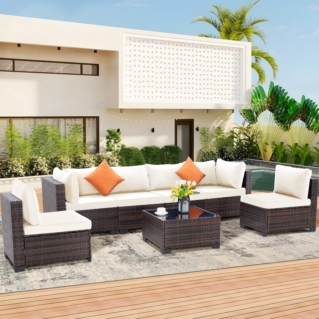 FHFO 7 Piece Outdoor Wicker Patio Furniture Set, Rattan Sectional Sofa Couch, Patio Conversation Set with Cushion & Coffee Table, for Backyard Poolside Porch Garden, Brown-Beige FHFO