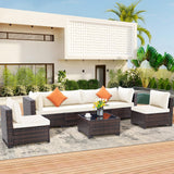 FHFO 7 Piece Outdoor Wicker Patio Furniture Set, Rattan Sectional Sofa Couch, Patio Conversation Set with Cushion & Coffee Table, for Backyard Poolside Porch Garden, Brown-Beige FHFO
